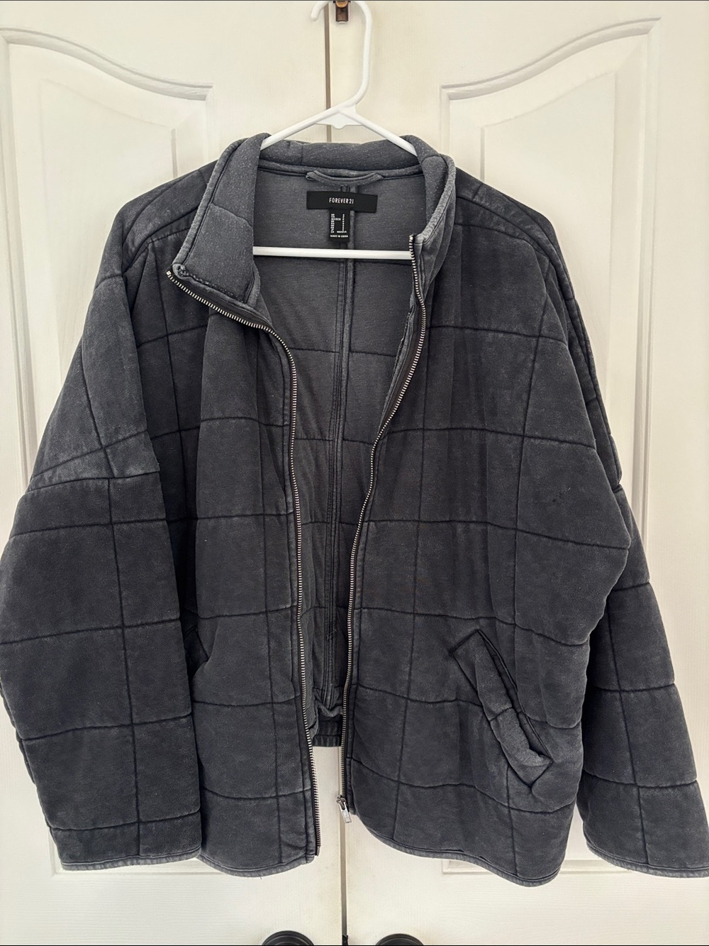 Black Washed Dolman Quilted Zip-Up Jacket